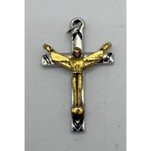 Vintage‎ Two Tone Crucifix Pendant Silver & Gold Tone Jesus Cross